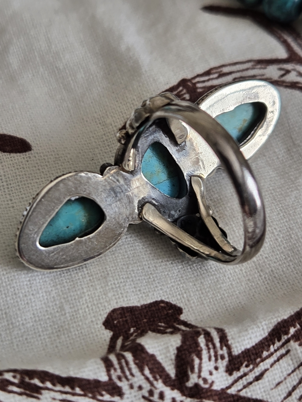 Turquoise 3 Stone SS Ring SZ 8 - Picture 5 of 9